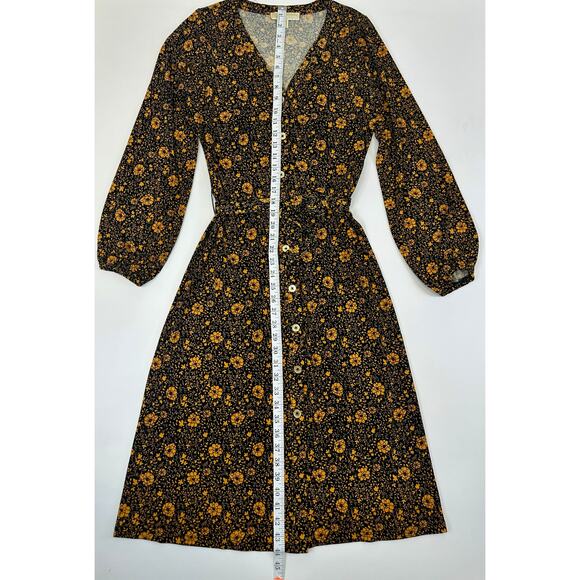 Michael Kors Black & Orange Floral Long Sleeve Button Front Midi Dress M - Picture 8 of 11